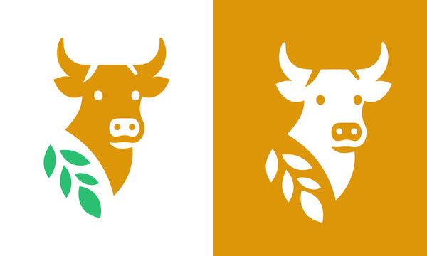 Stylized cow head with green leaves emblem on orange and white backgrounds