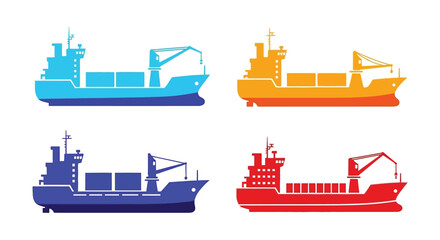 Four colorful cargo ship silhouettes illustrating maritime transportation and logistics
