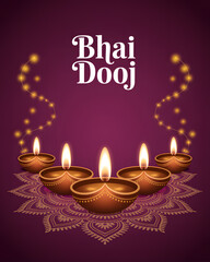 Bhai dooj festival celebration with illuminated diyas and decorative elements on a deep purple background