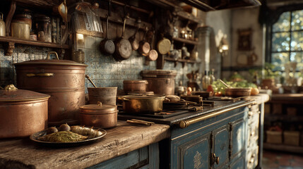 A rustic kitchen with copper pots and wooden countertops view