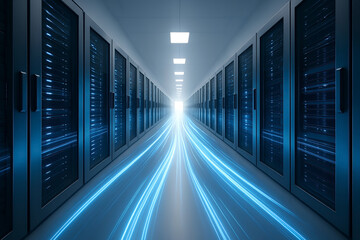 Fototapeta premium Digital data streams flow through futuristic server corridor with glowing blue light in high tech environment