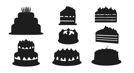 A collection of black silhouette cake designs for celebrations and events