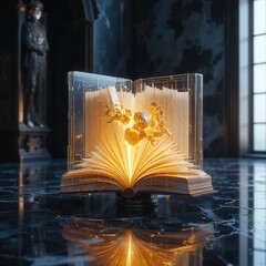Unlock profound knowledge and discover brilliant ideas as a luminous book opens with golden energy and intricate digital circuits, symbolizing innovation and wisdom.