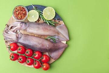 Fresh raw squids, tomatoes, lime slices and spices on green table, top view. Space for text