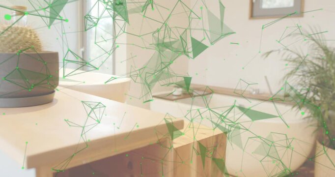 Overlay of green particles drifting from upper left, camera panning right to reveal modern bathroom