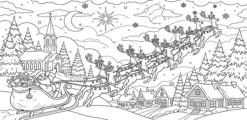 Obraz premium A magical Christmas sleigh ride with reindeer flying over a quaint snowy village at night, a festive winter wonderland scene for coloring