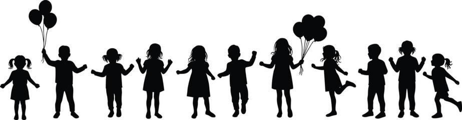 Children silhouettes, kids playing, dancing, balloons, party celebration, happy childhood, vector illustration, black shadow, group activity, festive design, fun art