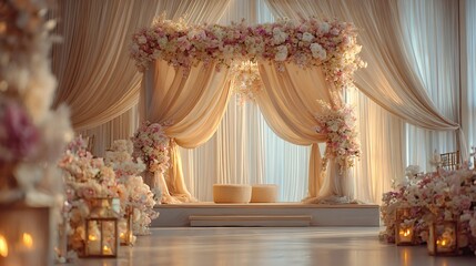 Obraz premium A breathtaking wedding setup with a flowercovered arch, soft lighting, and elegant decor, setting the stage for a magical and unforgettable day