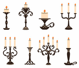 Set of candles in black candlesticks. Flat vector illustration.