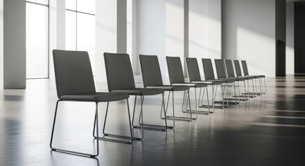 A row of chairs in an empty room with sunlight streaming through the windows creating a sense of emptiness and anticipation