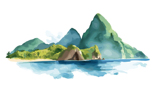Castries and the Pitons. Castries and the Pitons hand drawn watercolor illustration