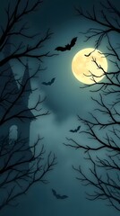 Glowing Full Moon with Flying Bats and Creepy Tree Branches