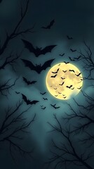 Glowing Full Moon with Flying Bats and Creepy Tree Branches