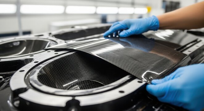 Closeup of gloved hands carefully applying a sheet of carbon fiber to a mold in a manufacturing setting