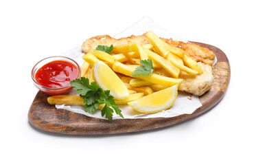 British Traditional Fish and chips with sauce, lemon and parsley isolated on white