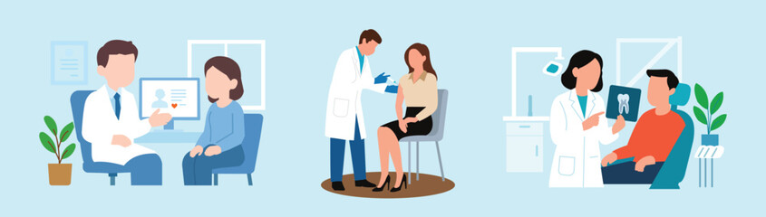 Medical consultation healthcare. Examining service doctor and patient stethoscope visit vaccination  dental checkup concept  flat vector illustration.