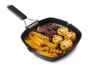 Tasty grilled vegetables in pan isolated on white