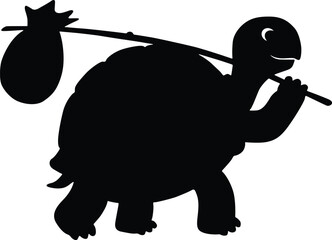 Whimsical silhouette of a happy tortoise carrying a bindle on a stick silhouette