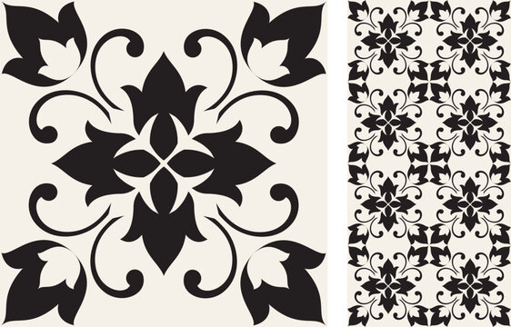 Seamless Azulejo tile. Portuguese and Spain decor. Ceramic tile in black and white. Vector hand drawn illustration, typical portuguese and spanish tile	