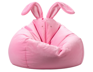 Pink Bean Bag Chair with Bunny Ears Whimsical Design transparent background.