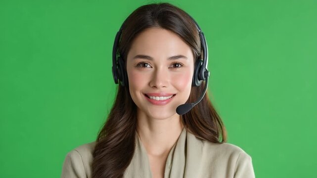 Smiling Assistance: A professional, customer service representative, radiating warmth and competence, engages in a friendly conversation with a headset on against a vibrant green backdrop.