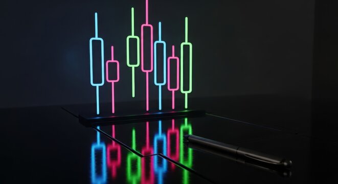 Neon candlestick chart reflecting on a black surface, representing stock market analysis and financial data visualization