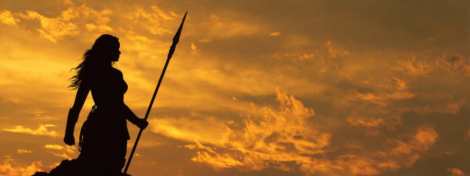 Female Warrior Silhouette Holding Spear Under Golden Sunset Sky with Dramatic Clouds and Vibrant Colors