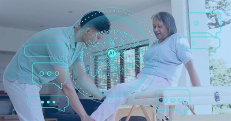 Therapist entering room and testing patient ankle mobility while AI overlay guiding stretch