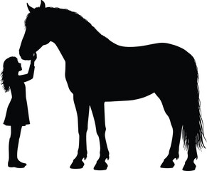 Horse silhouette with girl, human animal bond, black white illustration, equestrian art, farm life, countryside design, friendship, nature, pet, love