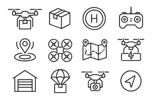 Quadcopter icons delivery route vector gps map icon propellers drone landing