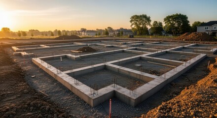 A concrete foundation for a new house is laid out on a construction site at sunrise, symbolizing new beginnings and progress