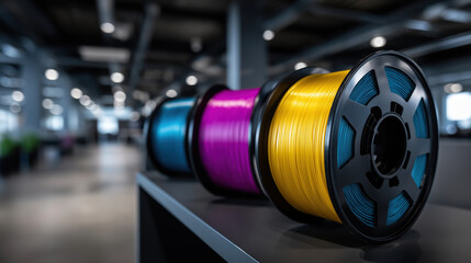 Fototapeta premium Colorful 3D printing filaments displayed in a modern workshop