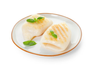 Pieces of tasty grilled squid and basil isolated on white