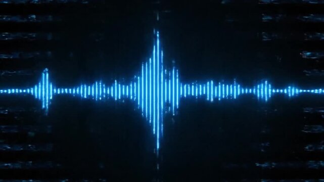 Glitch audio wave in vibrant blue tones &mdash; dynamic abstract waveform pulsing with rhythmic motion and digital distortion. Electric blue light streaks and glitch effects flicker across the screen