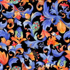Seamless medieval watercolor pattern with rich botanical elements, curly leaves, flowers, and berries