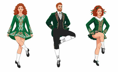 Three dancers performing Irish step dance in traditional costumes  