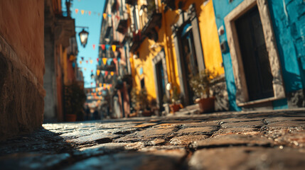 Cobblestone street in a vibrant city with colorful buildings