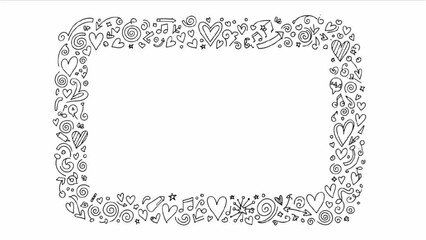 Hand-Drawn Black Line Whimsical Doodle Frame – Creative Border with Hearts, Swirls, and Tiny Icons for Invitations and Cards