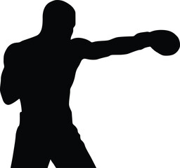 Muscular male boxer throwing a powerful punch in a dramatic black silhouette against a white background silhouette