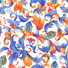 Seamless medieval watercolor pattern with rich botanical elements, curly leaves, flowers, and berries