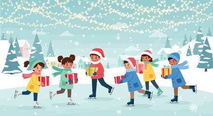 Fototapeta premium Children Ice Skating with Christmas Gifts in Winter.