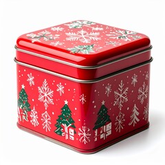Square Red Tin Container with Festive Christmas Tree and Snowflake Designs