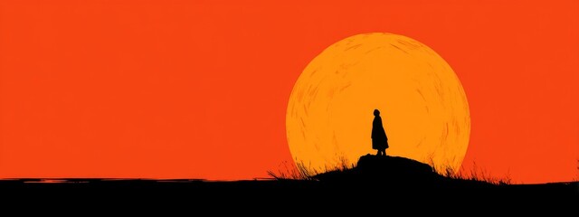 Naklejka premium Mystical Wanderer Silhouette Against a Giant Full Sun at Dusk in a Cinematic Landscape