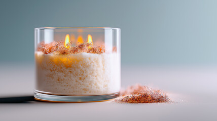 Round soy candle jar metallic silver wax with glitter flakes.