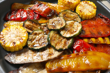 Delicious grilled vegetables in pan, closeup view