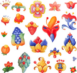 Watercolor whimsical medieval floral elements, isolated on white background.