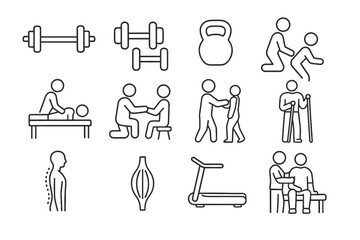 Physiotherapy and Rehabilitation — Medical and Exercise Linear Icons Set