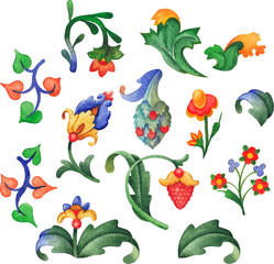 Watercolor medieval floral elements, isolated on white background.