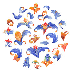 Watercolor medieval floral elements in blue and ochre tones, isolated on white background.