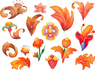 Watercolor medieval floral elements in red and ochre tones, isolated on white background.